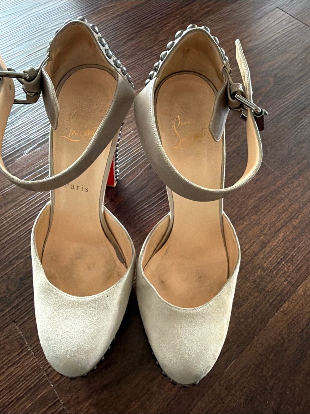 Christian Louboutin Beige Suede Ankle-Strap Pumps with Studded Heel